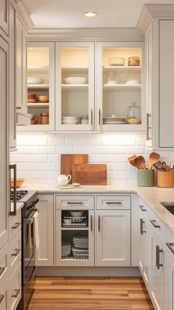 A modern kitchen with open shelving and organized storage solutions.