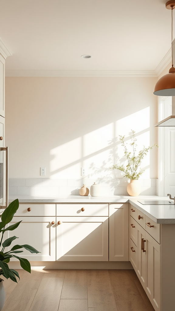 A bright kitchen featuring soft beige walls and light-colored cabinetry with natural elements.