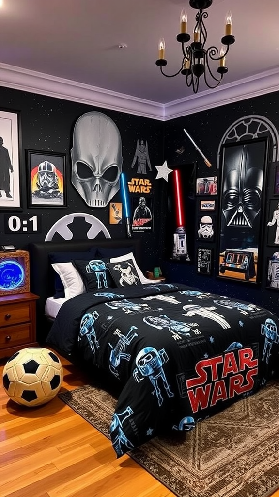 A Star Wars themed bedroom with dark walls, themed bedding, and various Star Wars decorations.