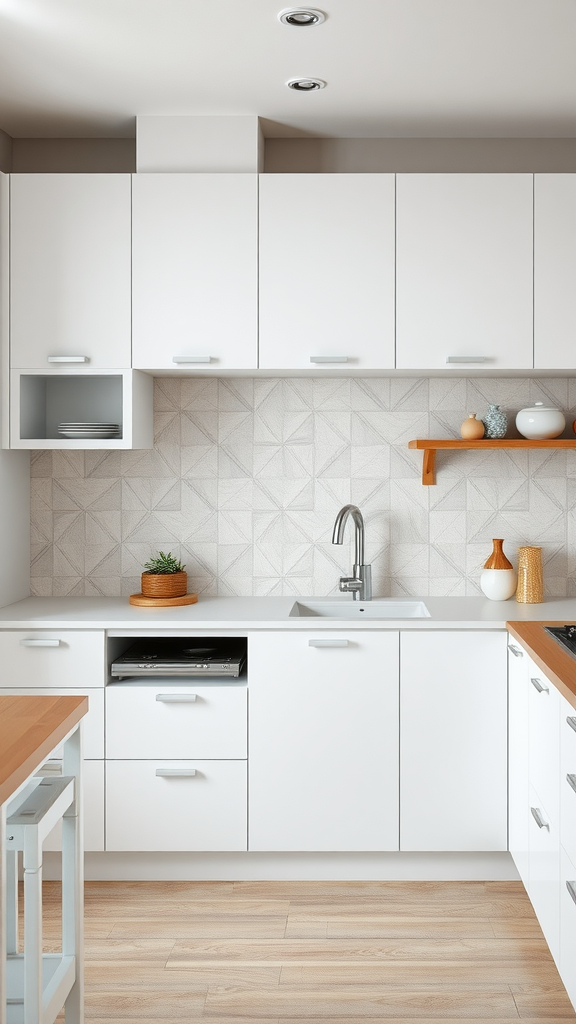 A modern kitchen featuring subtle geometric patterns on the backsplash, complemented by white cabinets and wooden accents.