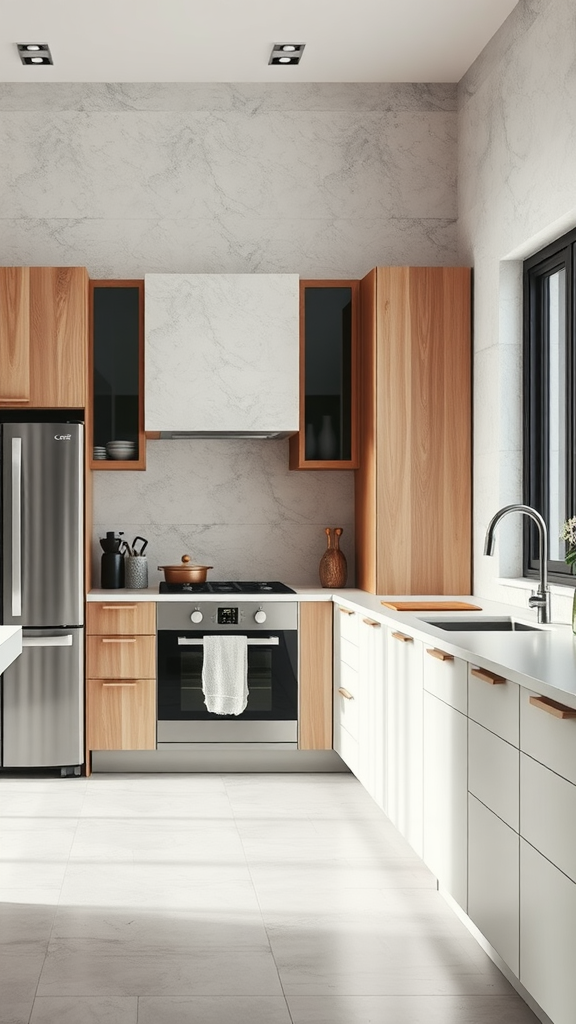 A neutral kitchen featuring wood cabinetry, marble countertops, and modern appliances.