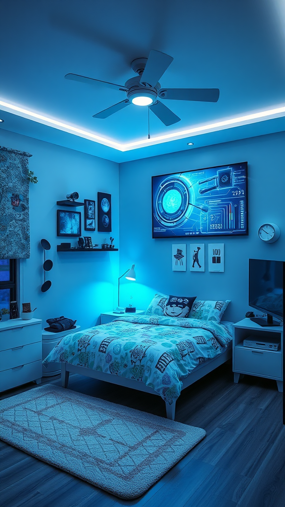 A modern bedroom with blue lighting, a large TV displaying tech graphics, and a cozy bed.