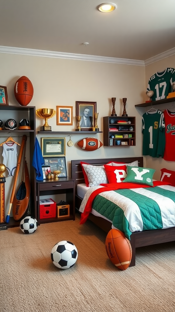 A sports-themed bedroom with trophies, jerseys, and various sports equipment.