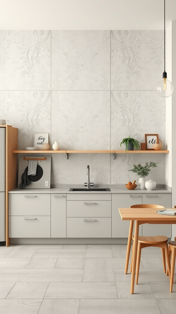 A neutral kitchen featuring textured wall panels, gray cabinets, and wooden accents.