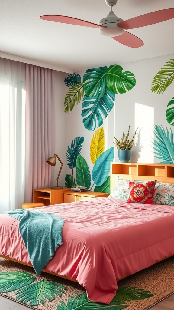 A vibrant bedroom with tropical leaf murals, a pink bedspread, and natural light.