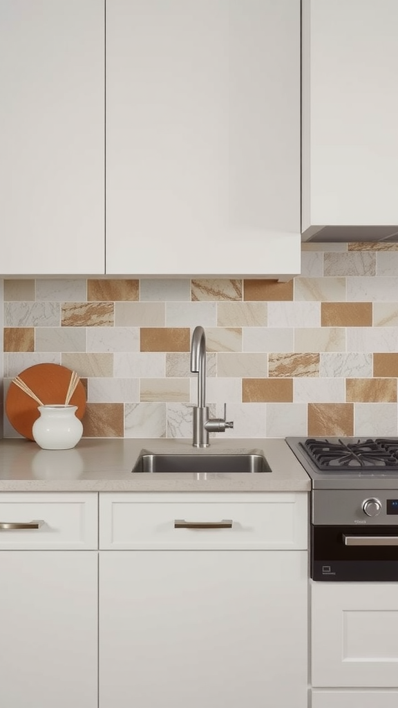 A kitchen with a unique backsplash made of various shades of tile.