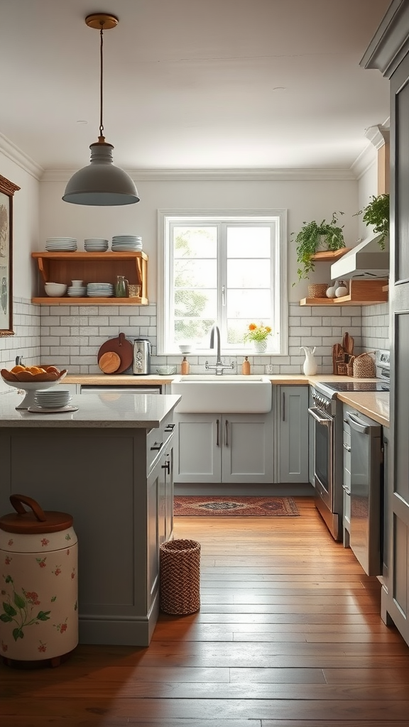 A warm and inviting kitchen featuring vintage decor elements.