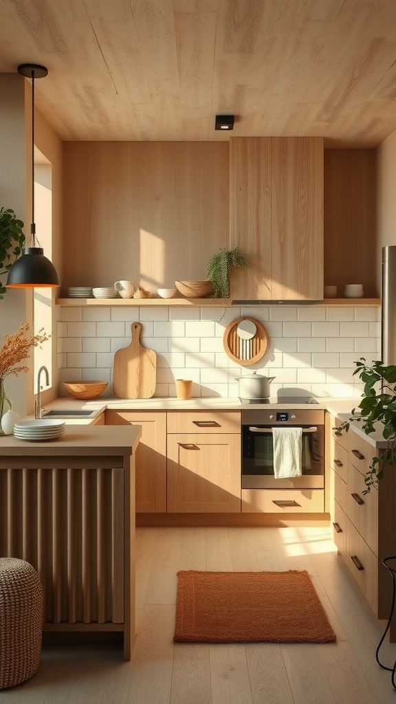 A warm beige kitchen featuring wooden cabinets, a beige countertop, and a cozy orange rug.