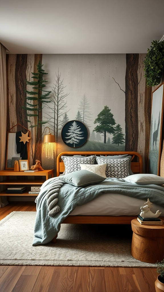 A cozy bedroom with a forest mural, wooden furniture, and soft bedding