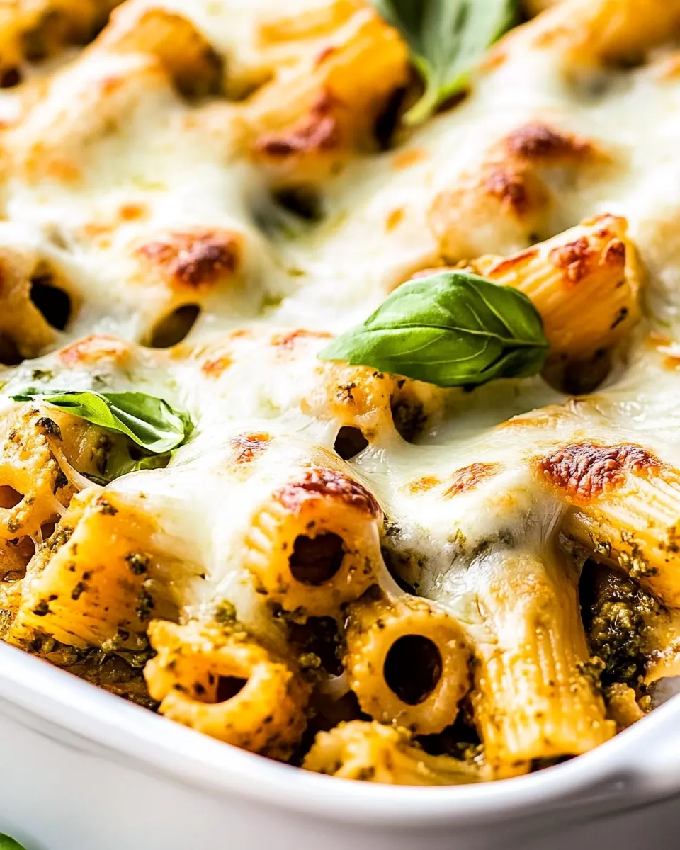delicious 4 Ingredient Pesto Baked Rigatoni Recipe shot