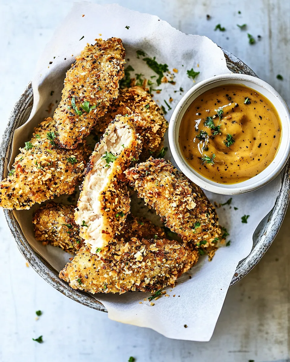 classic Baked Black Pepper Ranch Chicken Fingers with Honey Mustard. plate image