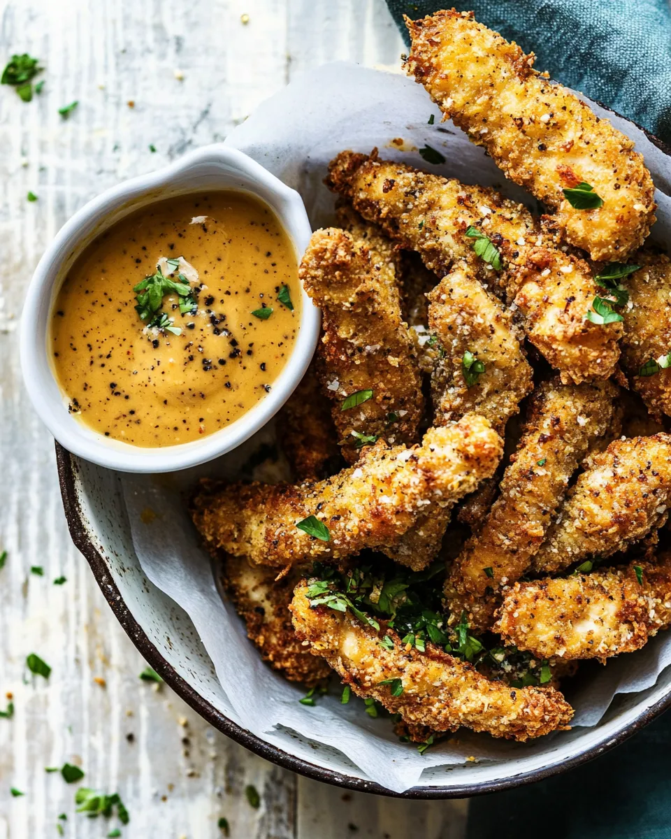 easy Baked Black Pepper Ranch Chicken Fingers with Honey Mustard. food shot