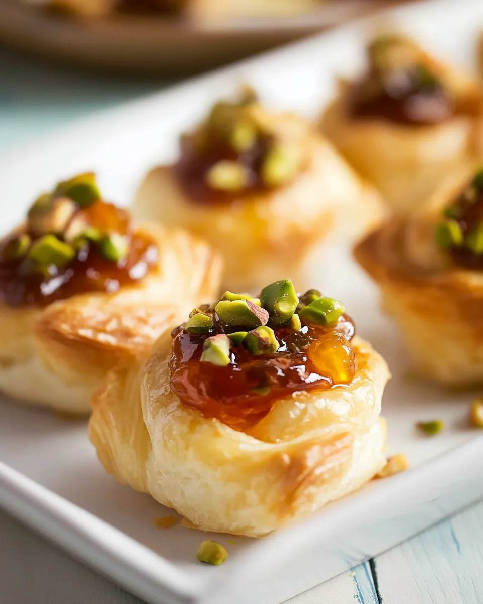 Delicious Baked Brie Puffs with Fruit Preserves and Pistachios food shot