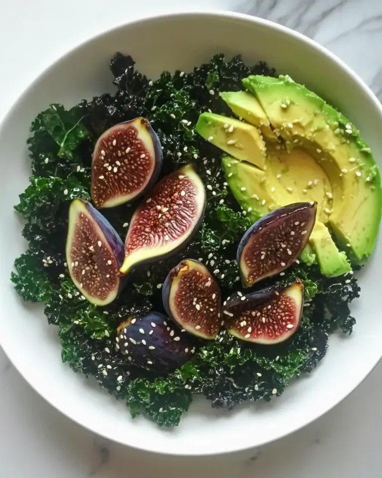 Homemade Blanched Kale Salad with Sesame Dressing, Figs, and Avocado photo
