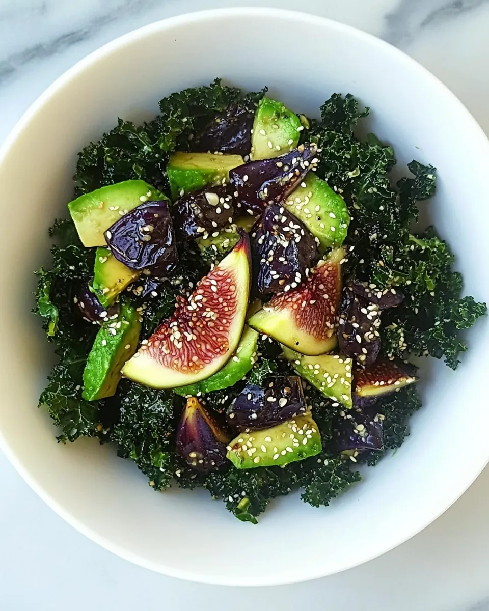 Delicious Blanched Kale Salad with Sesame Dressing, Figs, and Avocado dish photo