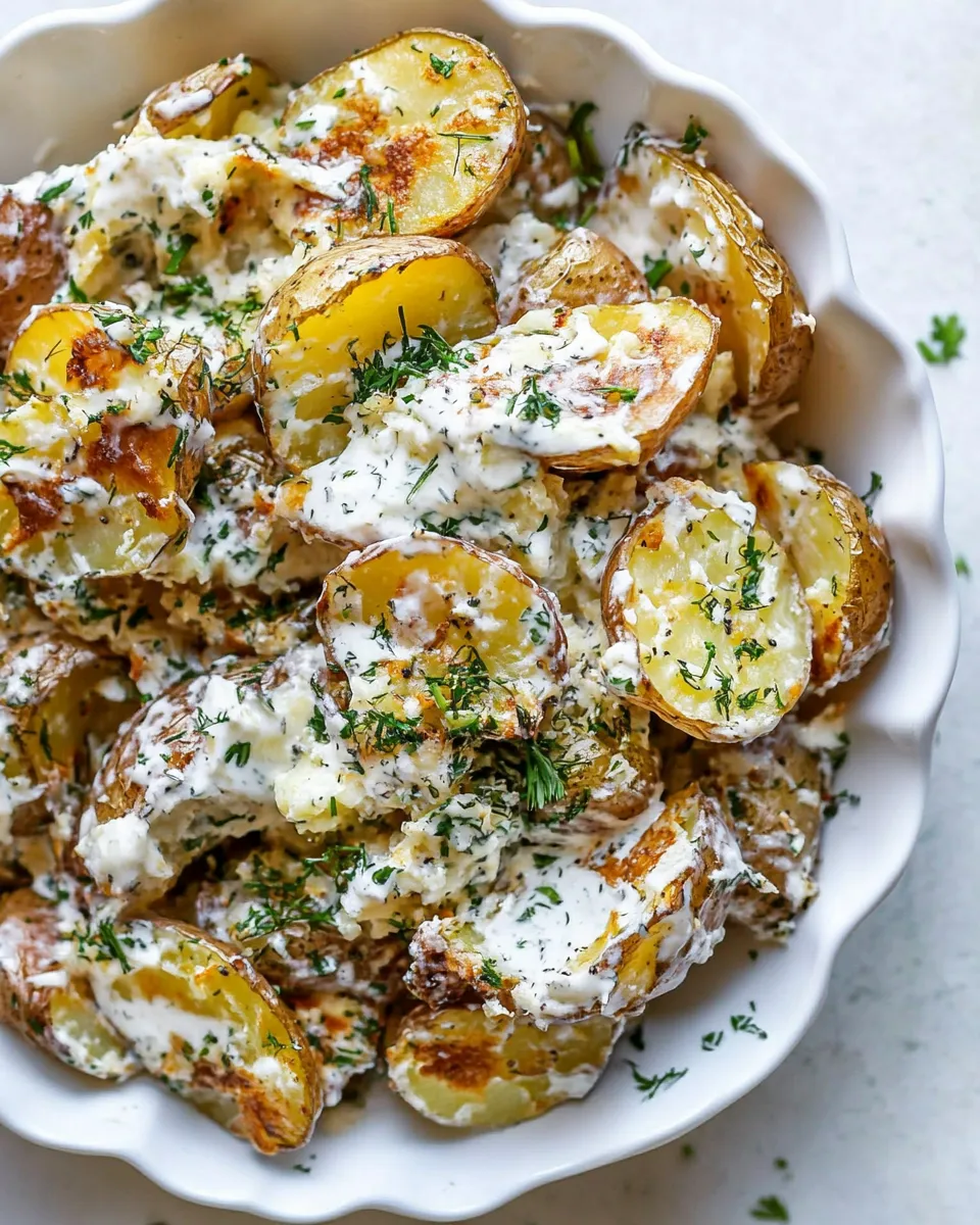 Delicious Buttermilk Herb Smashed Potato Salad. shot