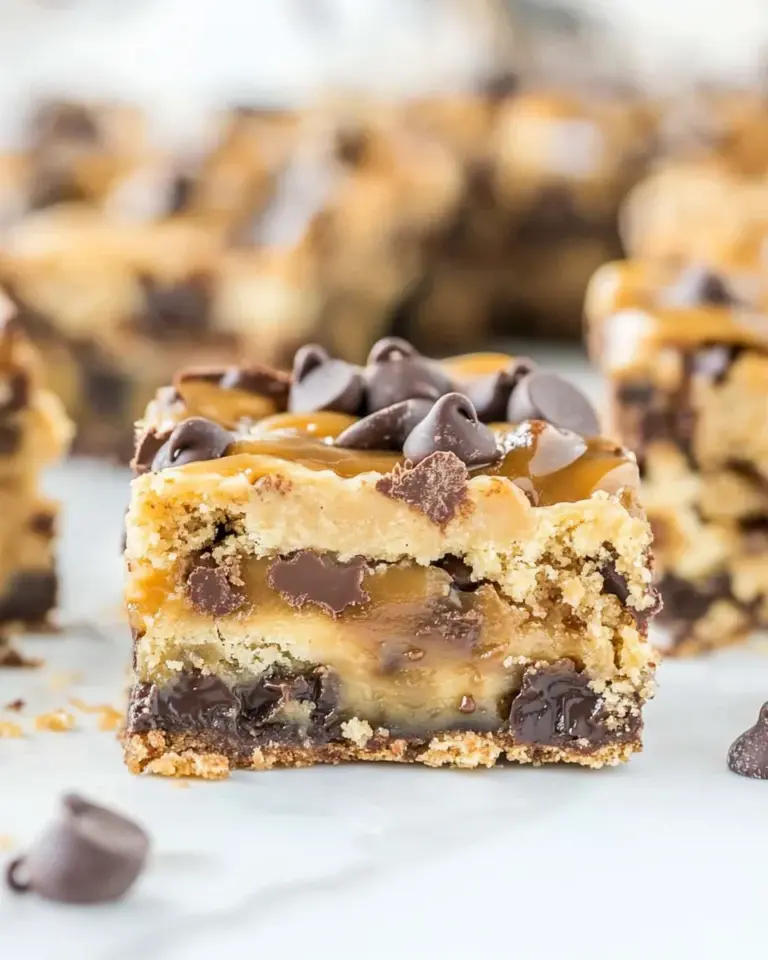 homemade Caramel Peanut Butter Chocolate Chip Gooey Bars photo