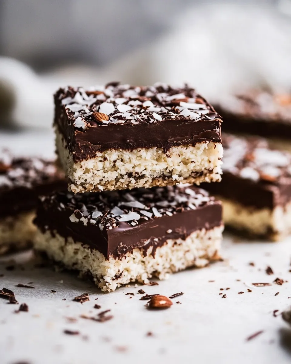 Delicious Chocolate Coconut Almond Bars. food shot
