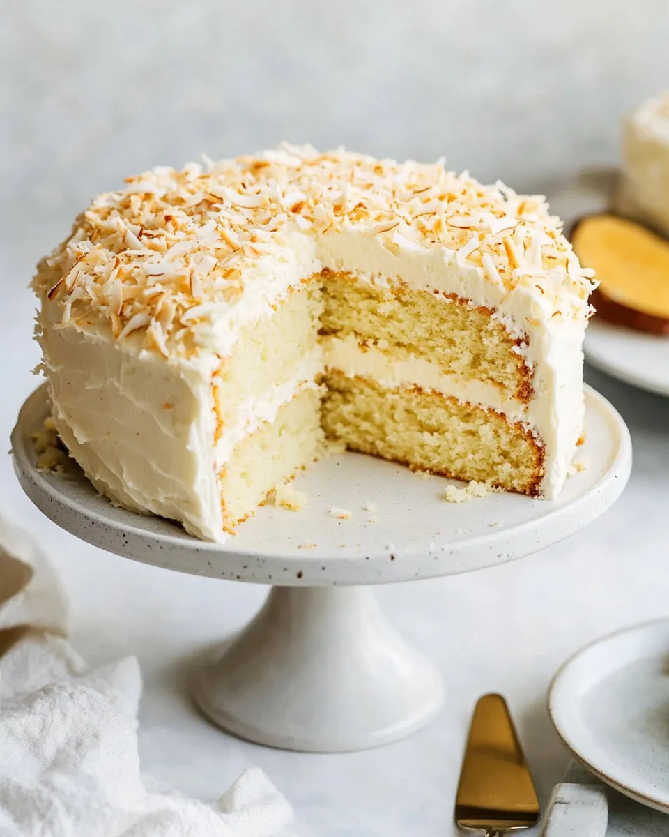 delicious Coconut Cream Cake with Coconut Cream Cheese Frosting shot