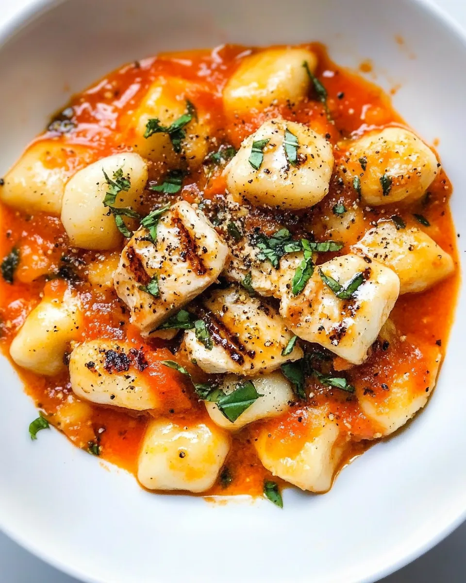 easy Gnocchi with Grilled Chicken in Roasted Red Pepper Sauce recipe photo