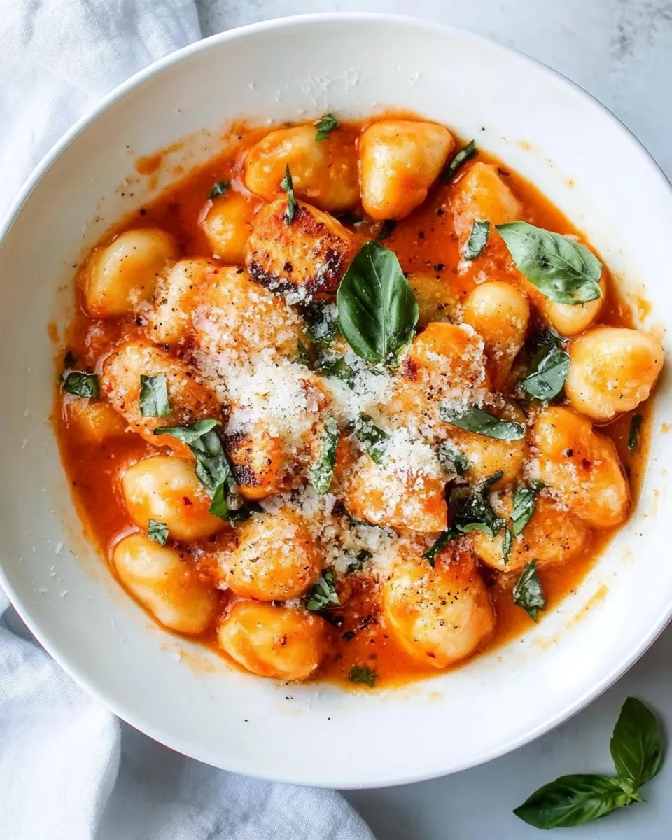 delicious Gnocchi with Grilled Chicken in Roasted Red Pepper Sauce dish photo