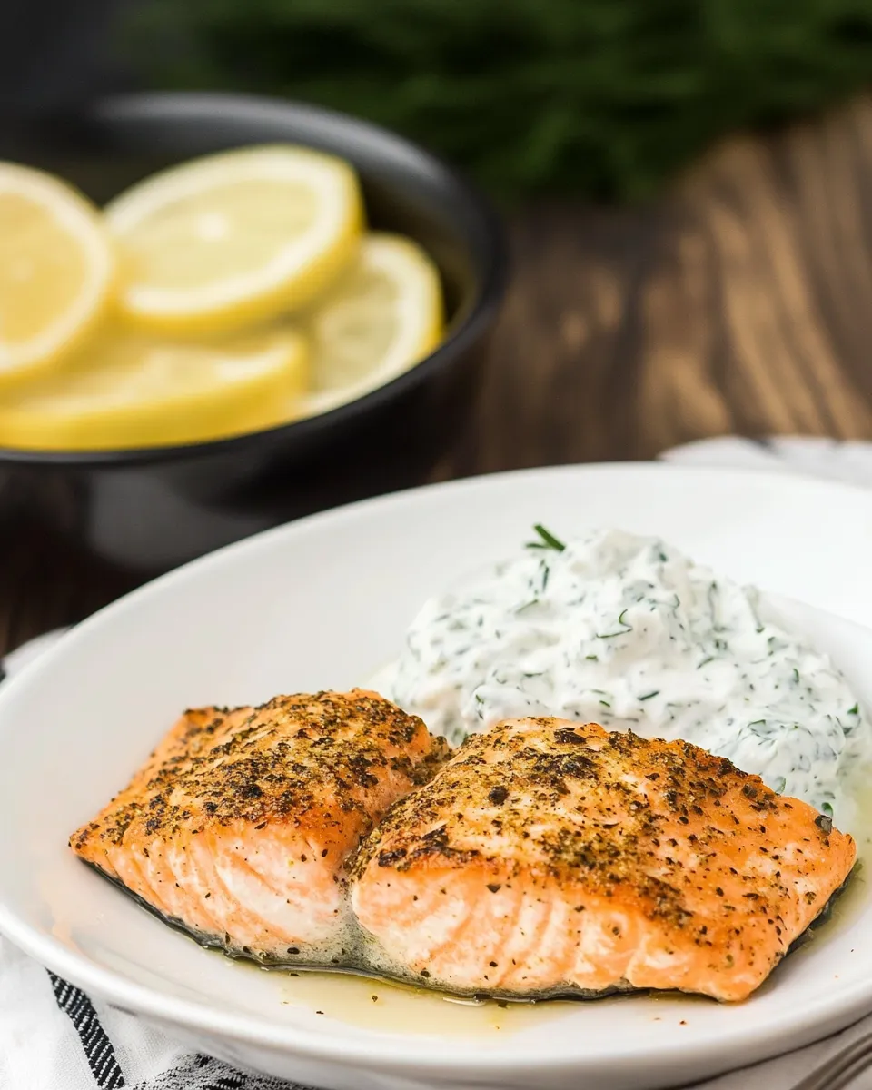 Delicious Greek Salmon with Tzatziki Sauce shot