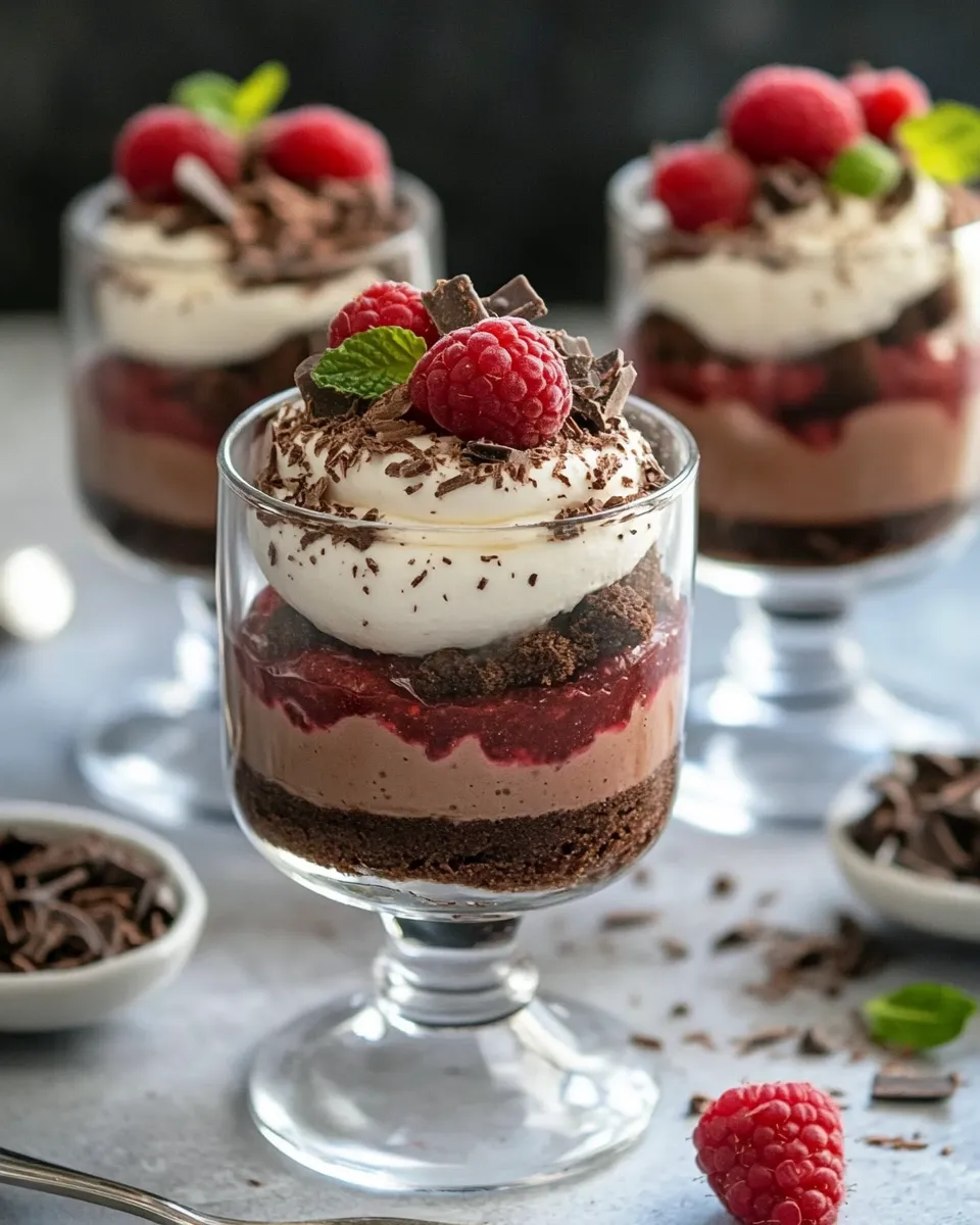 Easy Healthy Brownie Chocolate Raspberry Mousse Parfaits (Butter/Gluten Free) recipe image