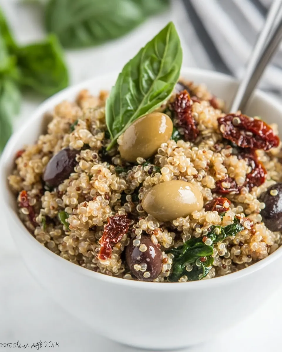 Homemade Mediterranean Quinoa Salad with Olives, Basil and Sun-dried Tomatoes photo