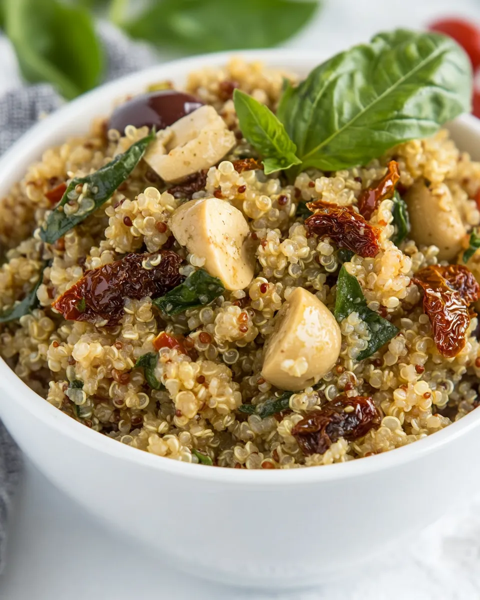 Delicious Mediterranean Quinoa Salad with Olives, Basil and Sun-dried Tomatoes shot