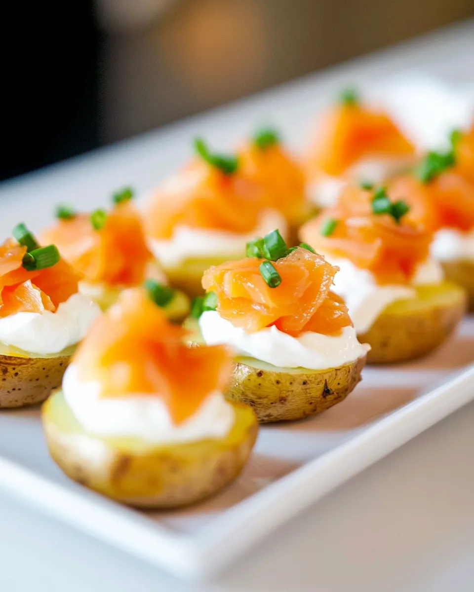 Homemade Mini Baked Potatoes with Sour Cream and Smoked Salmon photo