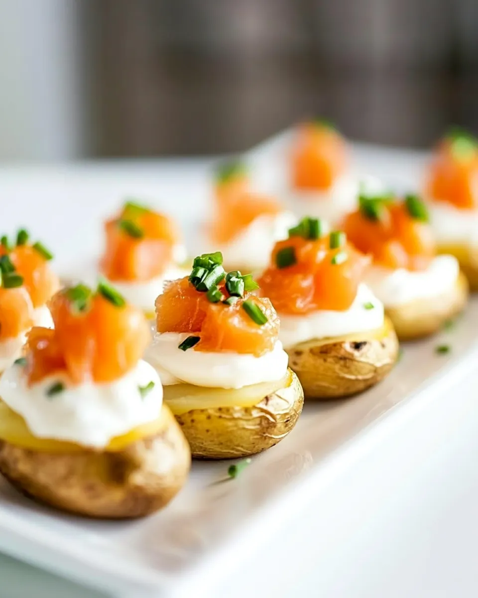Delicious Mini Baked Potatoes with Sour Cream and Smoked Salmon shot