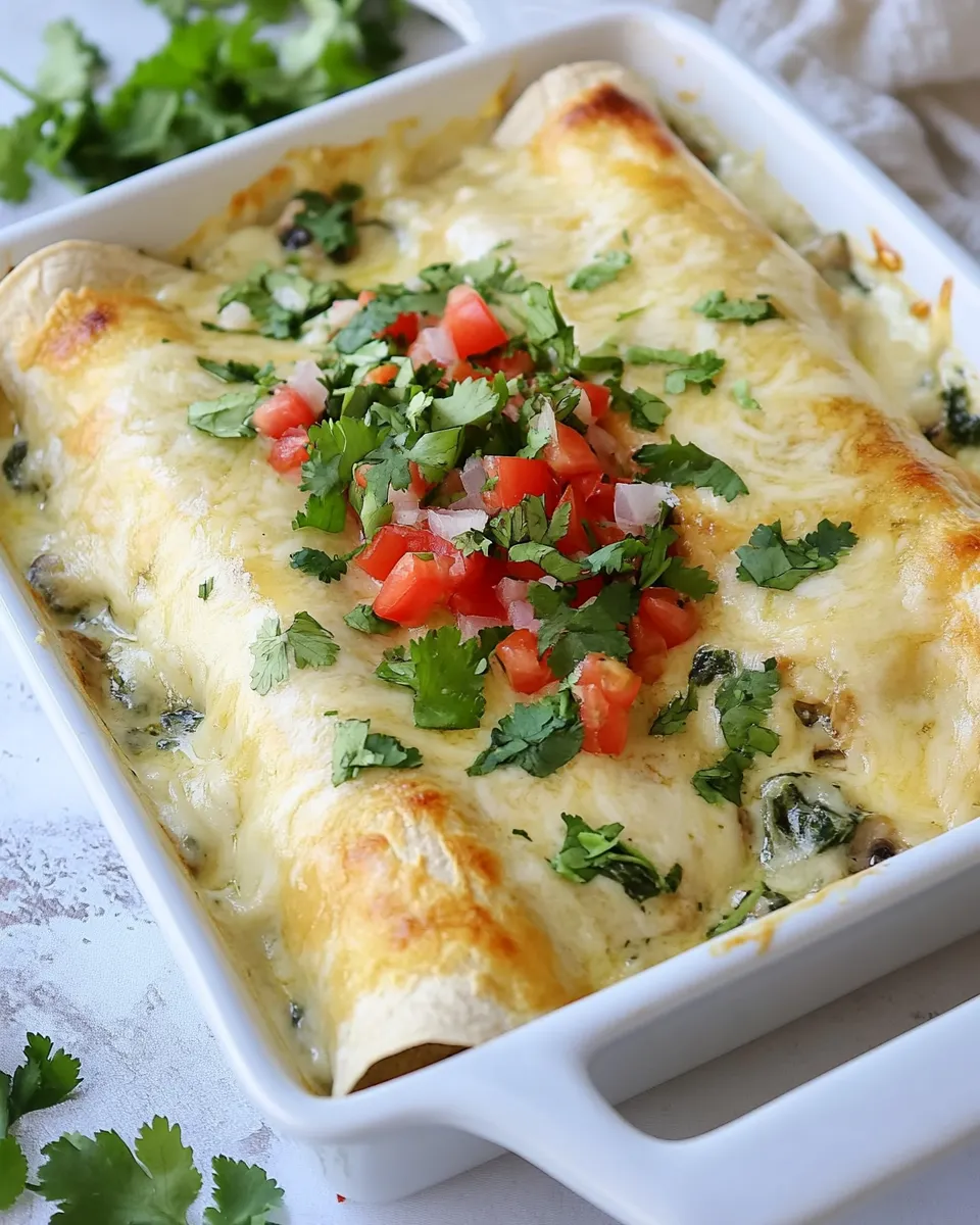 Delicious Mushroom, Spinach, and Chicken Enchiladas food shot