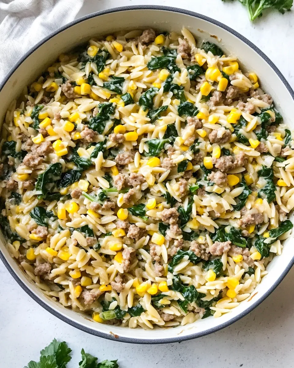 Delicious One-Pot Orzo with Sausage, Spinach and Corn shot