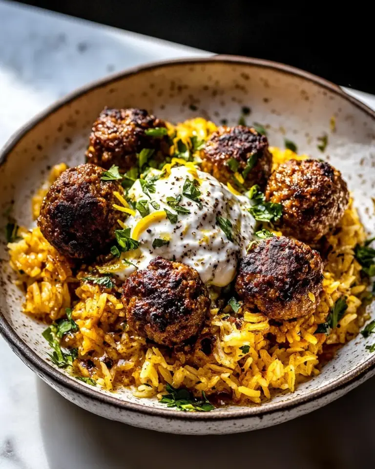 Homemade One Skillet Greek Meatballs and Lemon Rice. photo