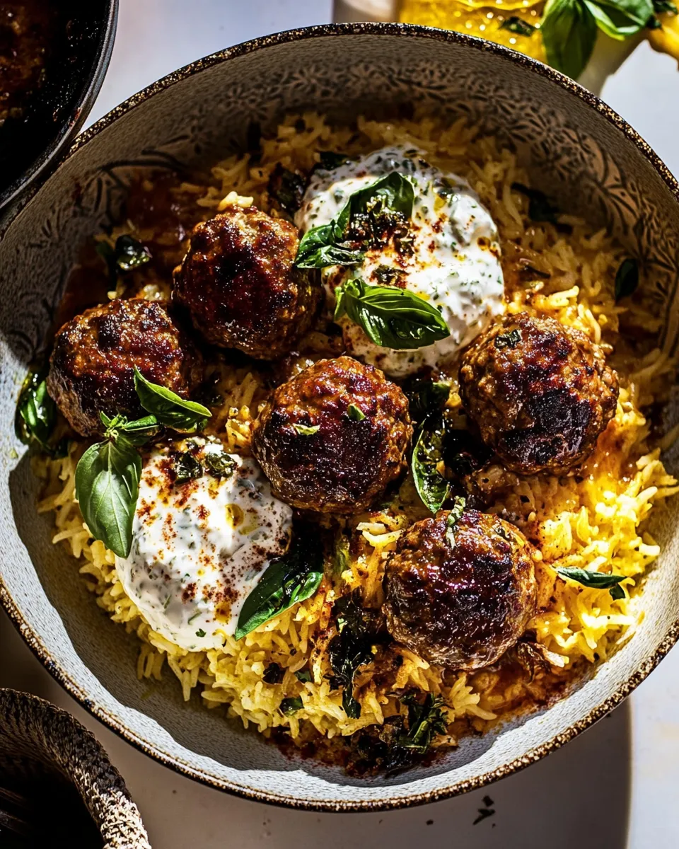 Easy One Skillet Greek Meatballs and Lemon Rice. recipe image
