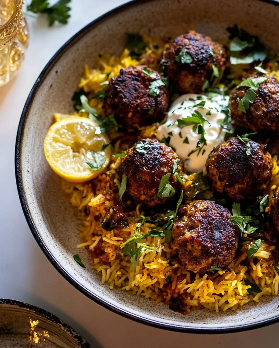 Delicious One Skillet Greek Meatballs and Lemon Rice. dish photo