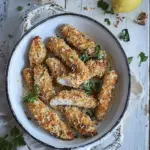 Homemade Oven baked chicken goujons with parmesan & lemon photo