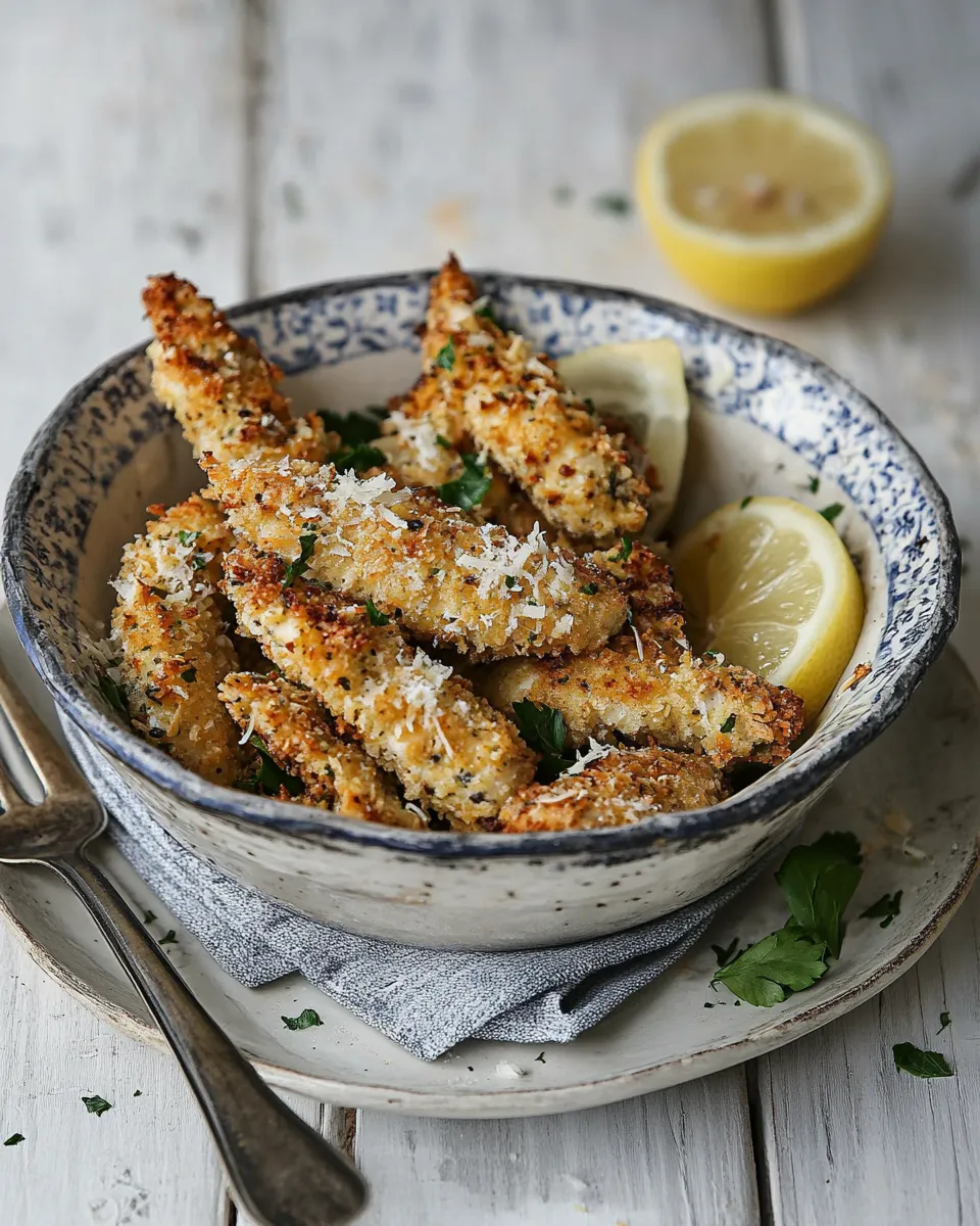 Easy Oven baked chicken goujons with parmesan & lemon recipe image