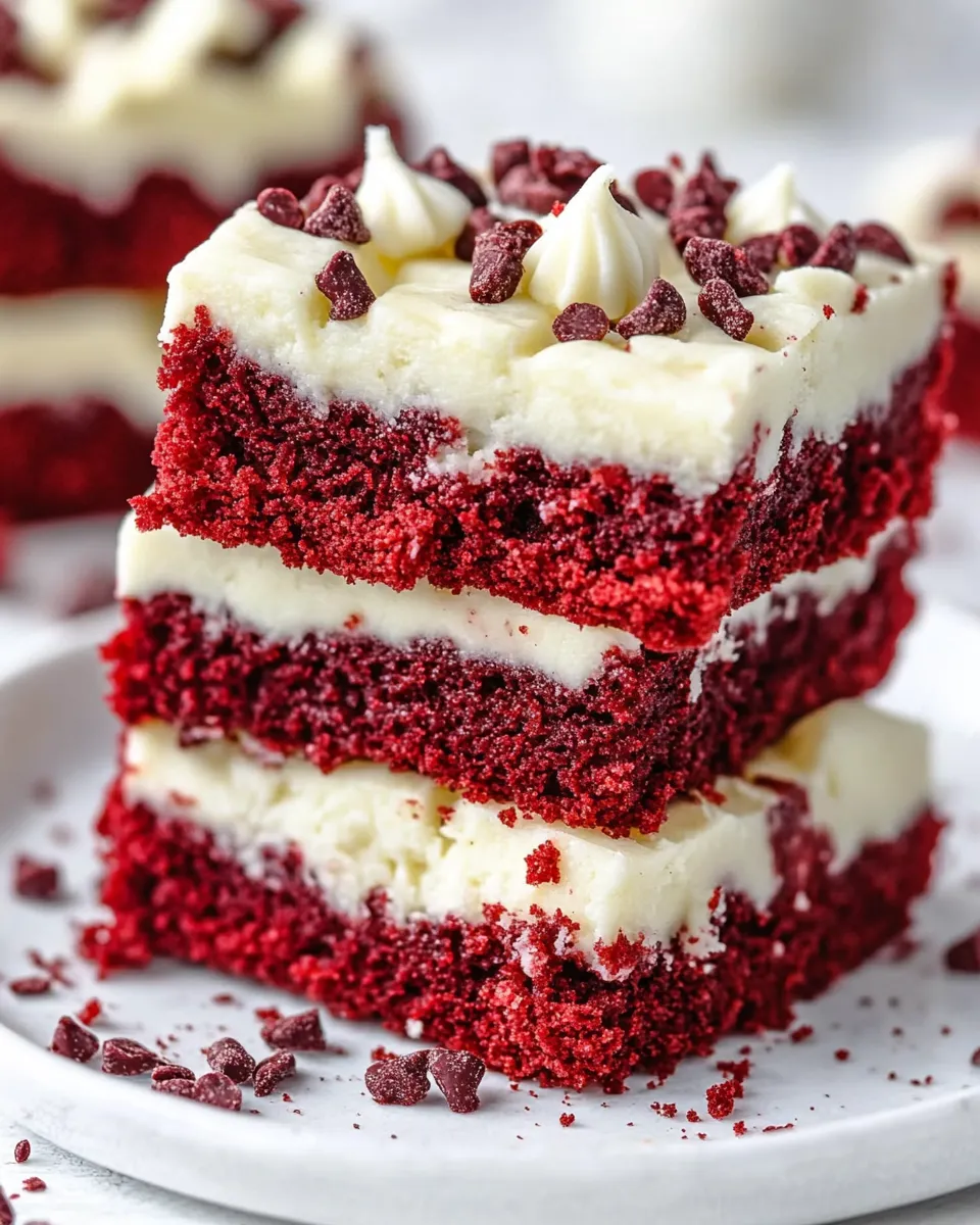 Delicious Red Velvet Gooey Bars food shot