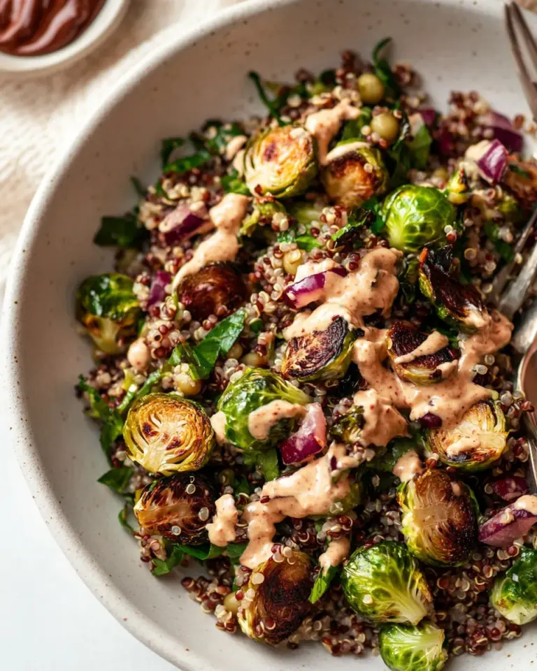 Homemade Roasted Brussels Sprouts, Quinoa & Lentil Salad with Spicy Caesar Dressing photo