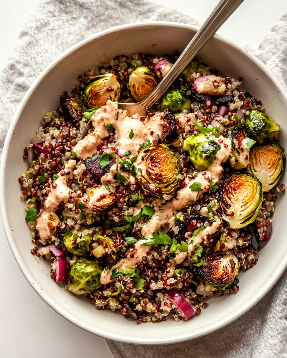 Delicious Roasted Brussels Sprouts, Quinoa & Lentil Salad with Spicy Caesar Dressing shot