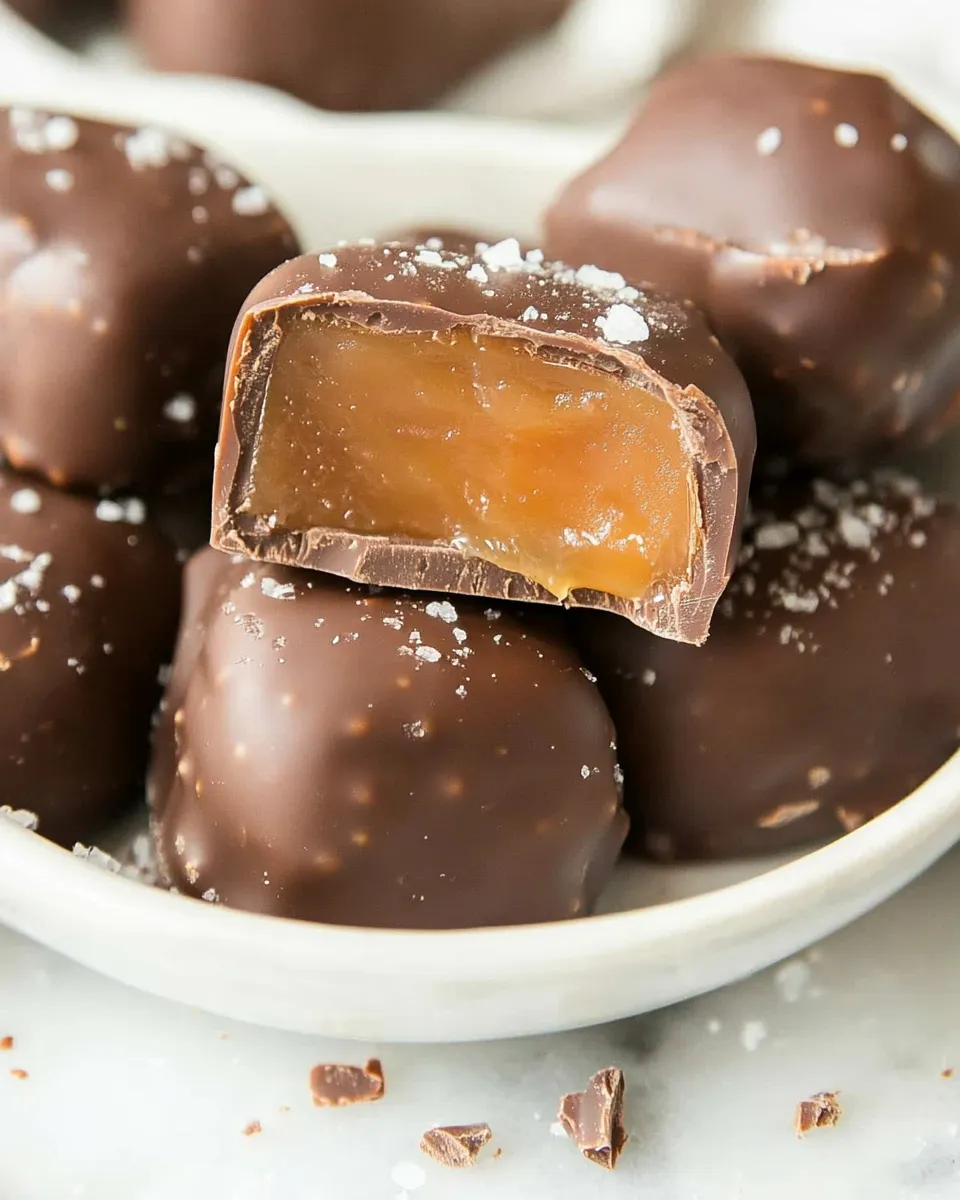 Delicious Salted Chocolate Covered Caramels food shot