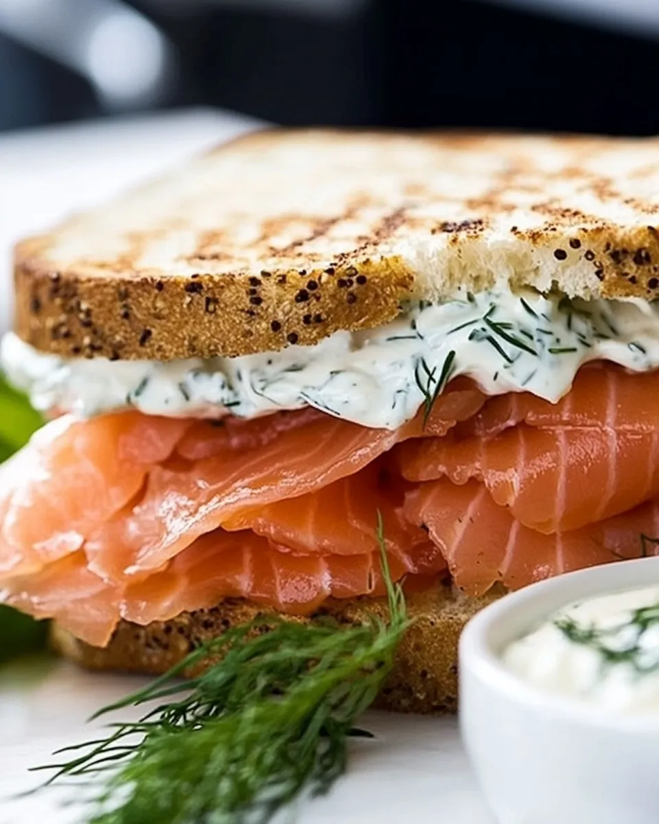 Delicious Smoked Salmon Panini Sandwich with Lemon Dill Mayonnaise plate image