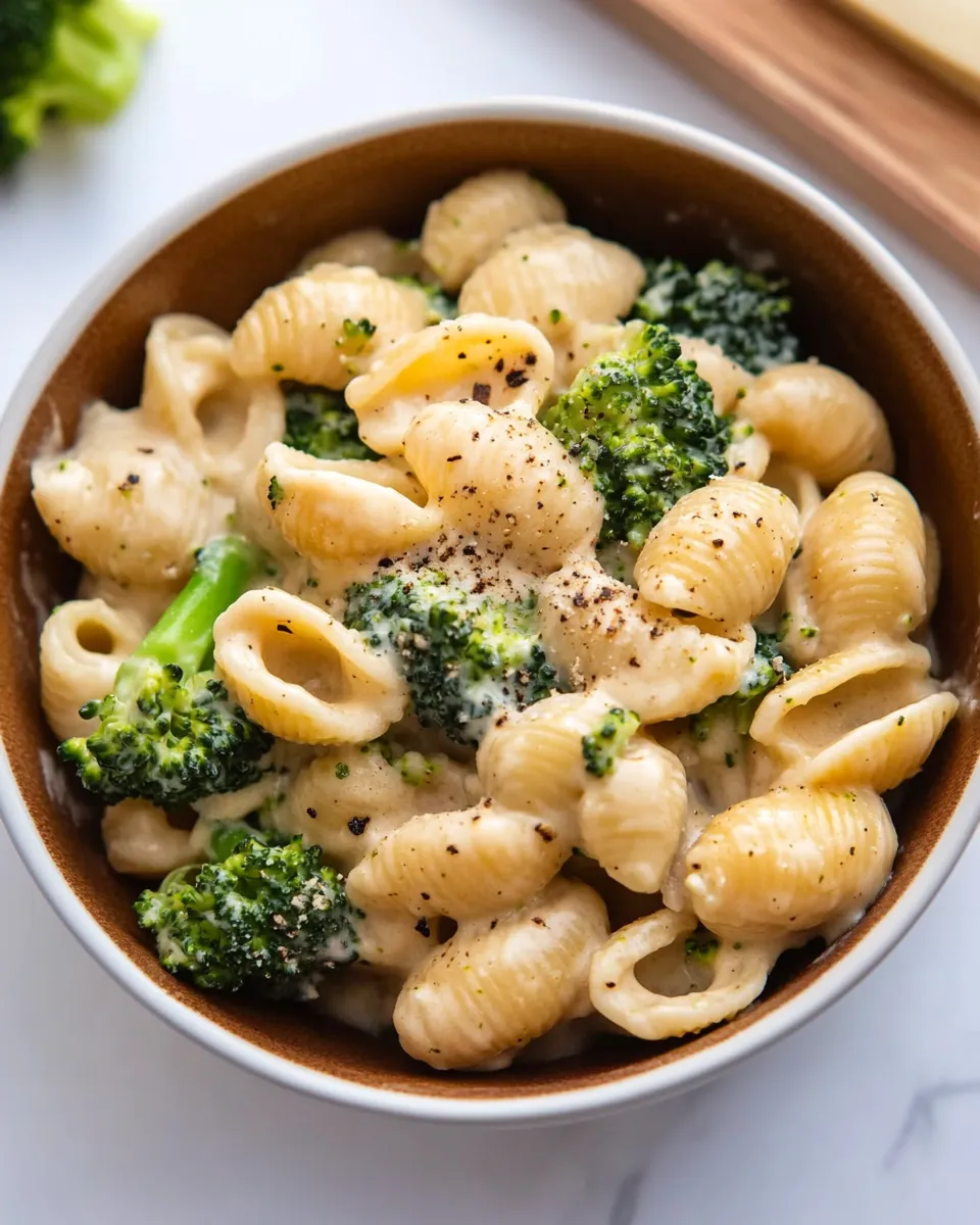 Delicious The Creamiest Broccoli Shells and Cheese. food shot